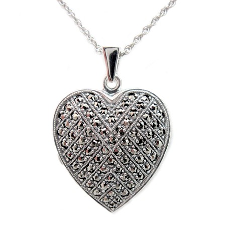 Sterling Silver Pave Marcasite Heart Locket Pendant - Reversible